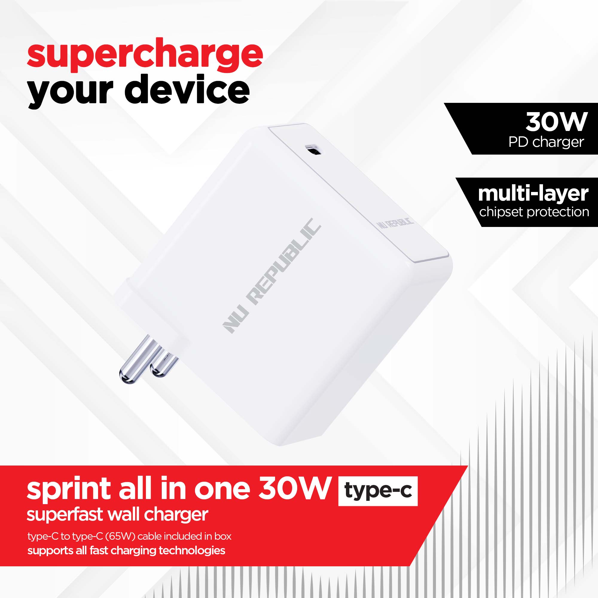 Sprint All In One 30W 6A Fast Charging Adapter with Cable (Type-C to Type-C)