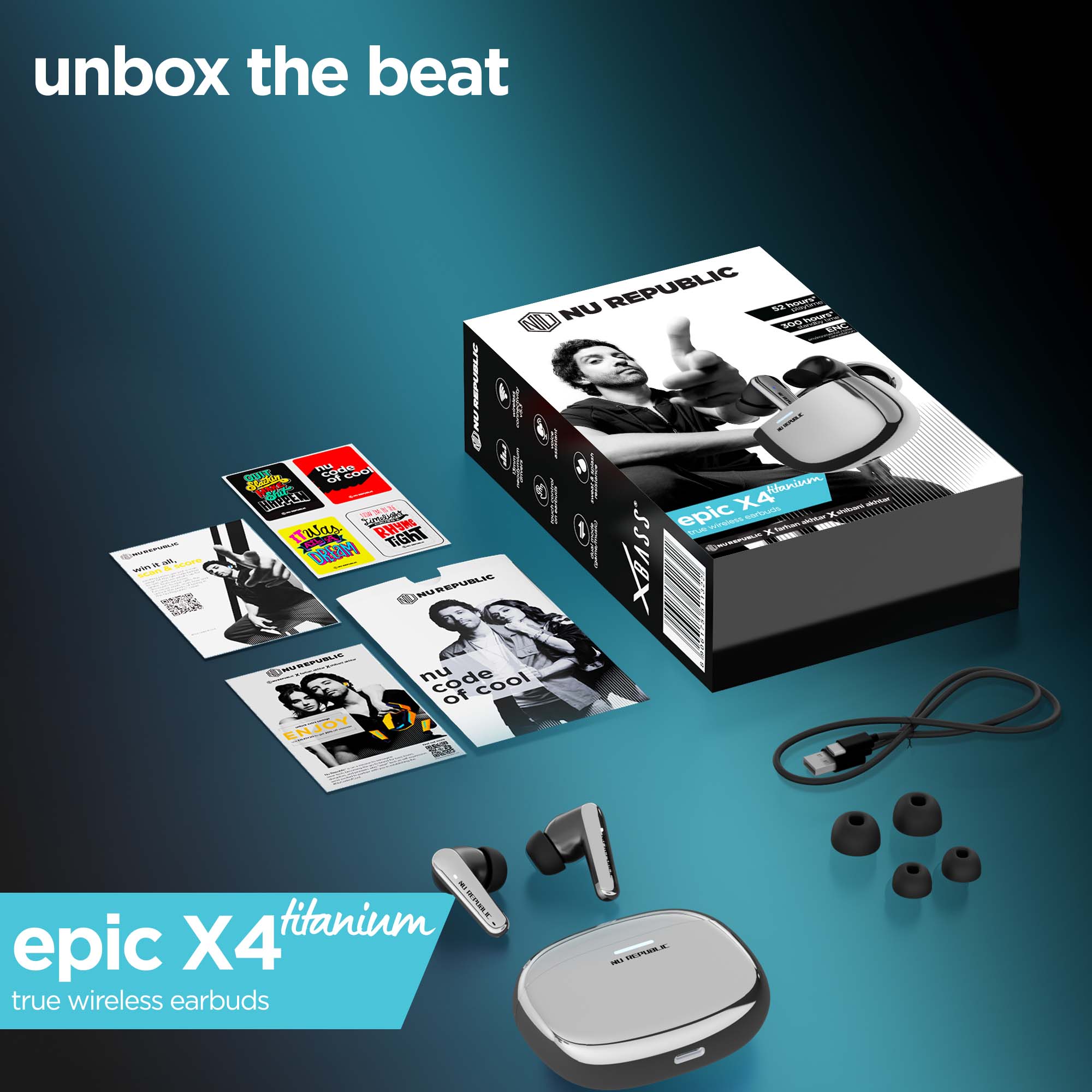 Wireless earbuds package including earbuds, charging case, Type-C cable