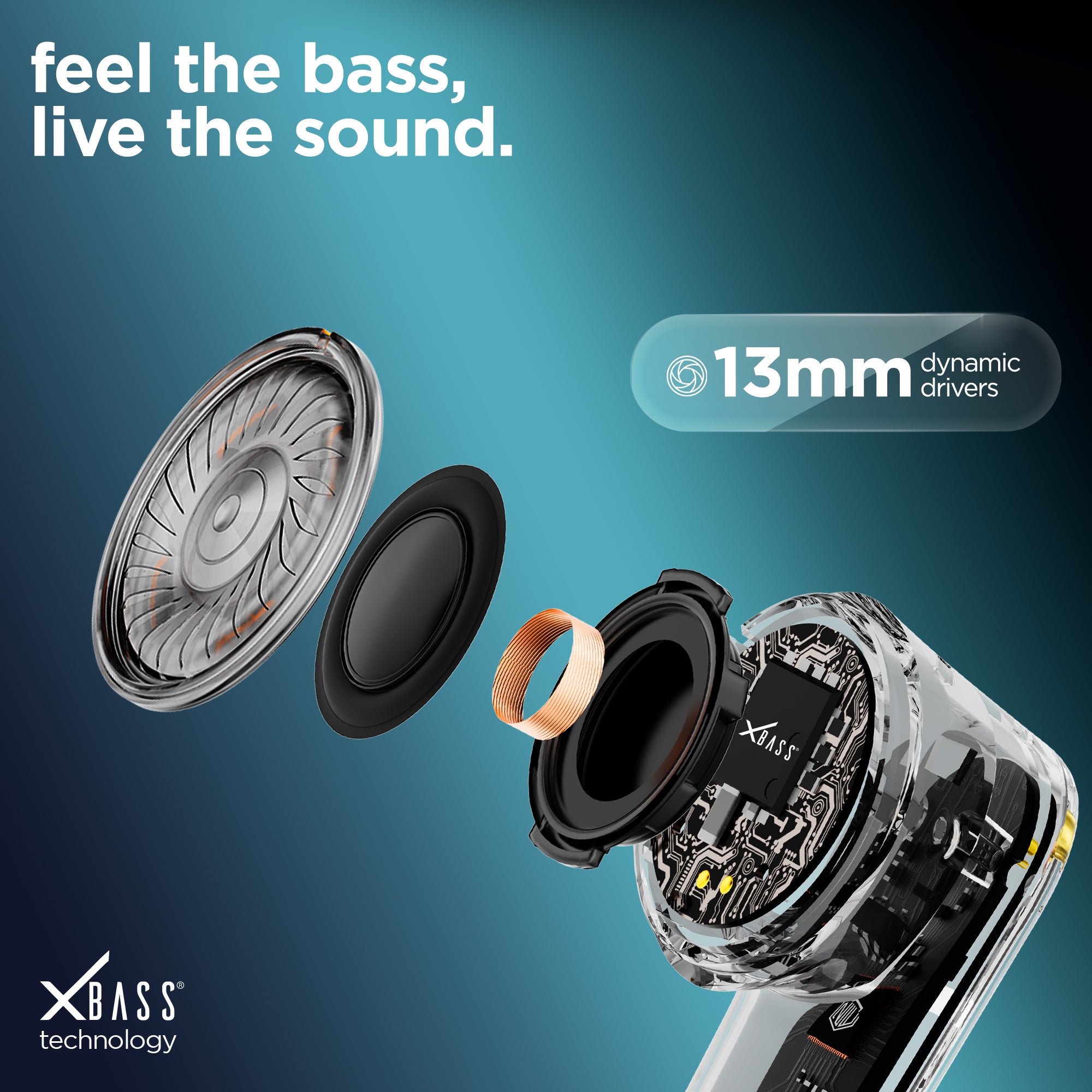 Wireless earbuds powered by X-Bass technology for deep and powerful bass